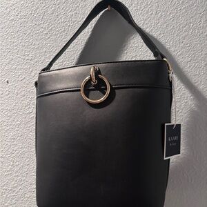 Kaari blue black faux leather gold Ring Accent Bucket Bag